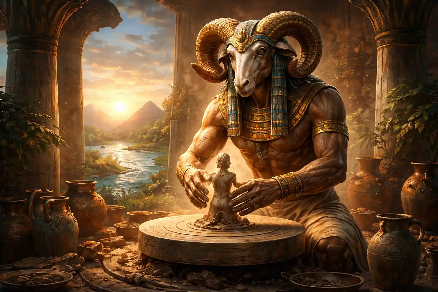 Khnum der Schöpfer an der Töpferscheibe